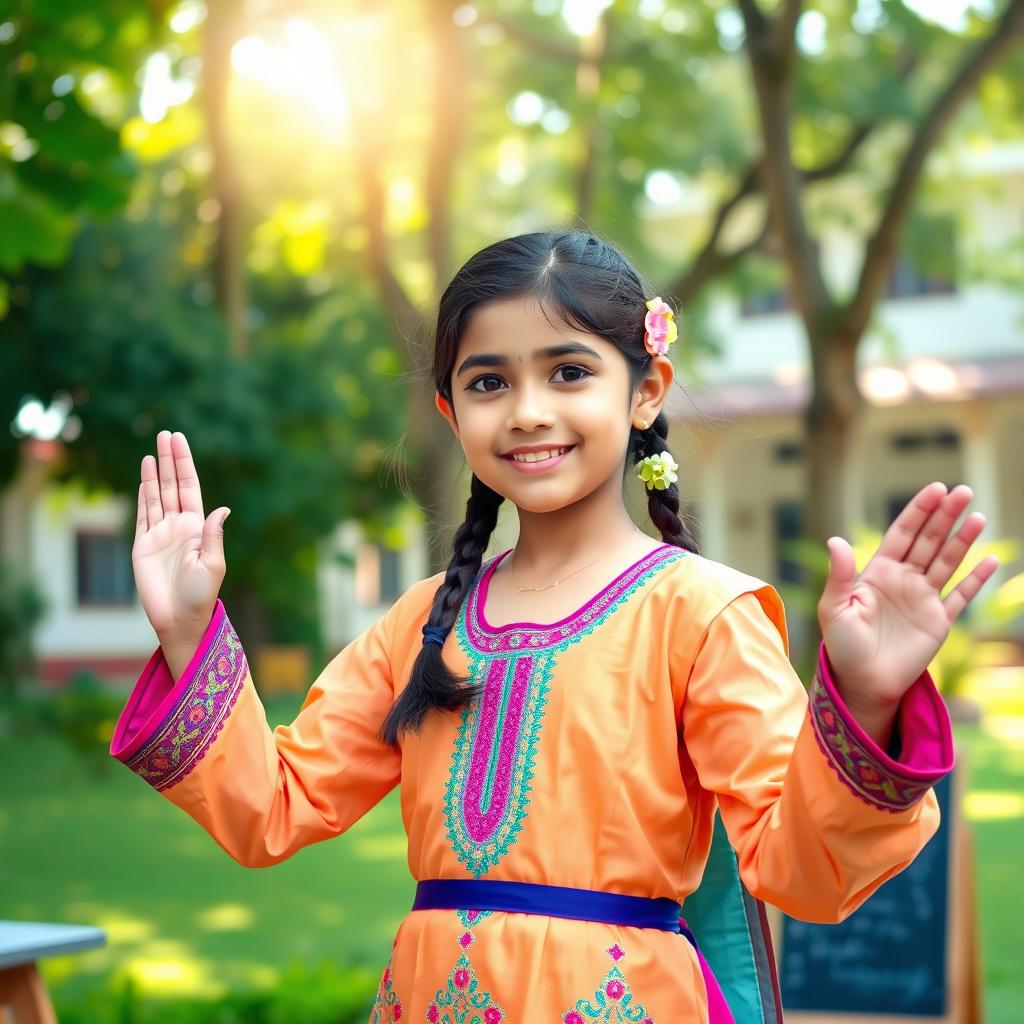 A schoolgirl in a traditional dress performing a 'Namaste' greeting