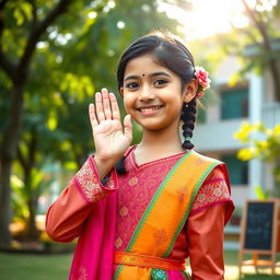 A schoolgirl in a traditional dress performing a 'Namaste' greeting