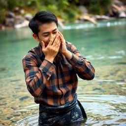 A handsome Asian man with fair skin, wearing a brown checkered flannel shirt and a black batik sarong, is washing his face with both hands at the edge of a river