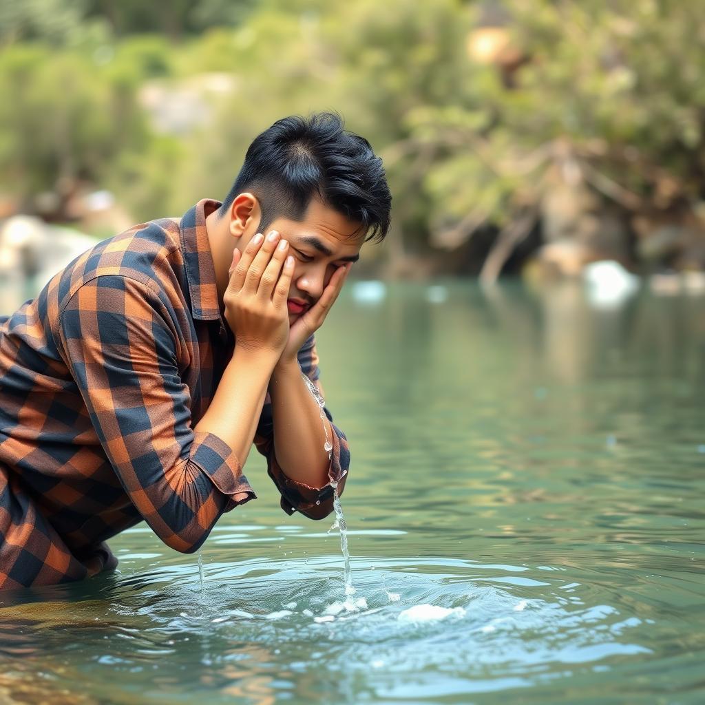 A handsome Asian man with fair skin, wearing a brown checkered flannel shirt and a black batik sarong, is washing his face with both hands at the edge of a river