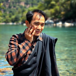 A handsome Asian man with fair skin, wearing a brown checkered flannel shirt and a black batik sarong, is washing his face with both hands at the edge of a river