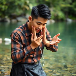 A handsome Asian man with fair skin, wearing a brown checkered flannel shirt and a black batik sarong, is washing his face with both hands at the edge of a river