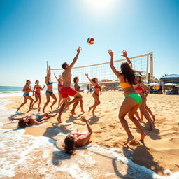 A lively beach volleyball scene with a diverse group of players passionately competing on a golden sandy beach