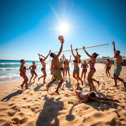 A lively beach volleyball scene with a diverse group of players passionately competing on a golden sandy beach