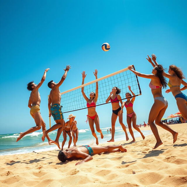 A lively beach volleyball scene with a diverse group of players passionately competing on a golden sandy beach