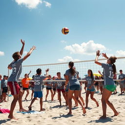 A lively school beach volleyball tournament set on a sandy beach, filled with enthusiasm and competition