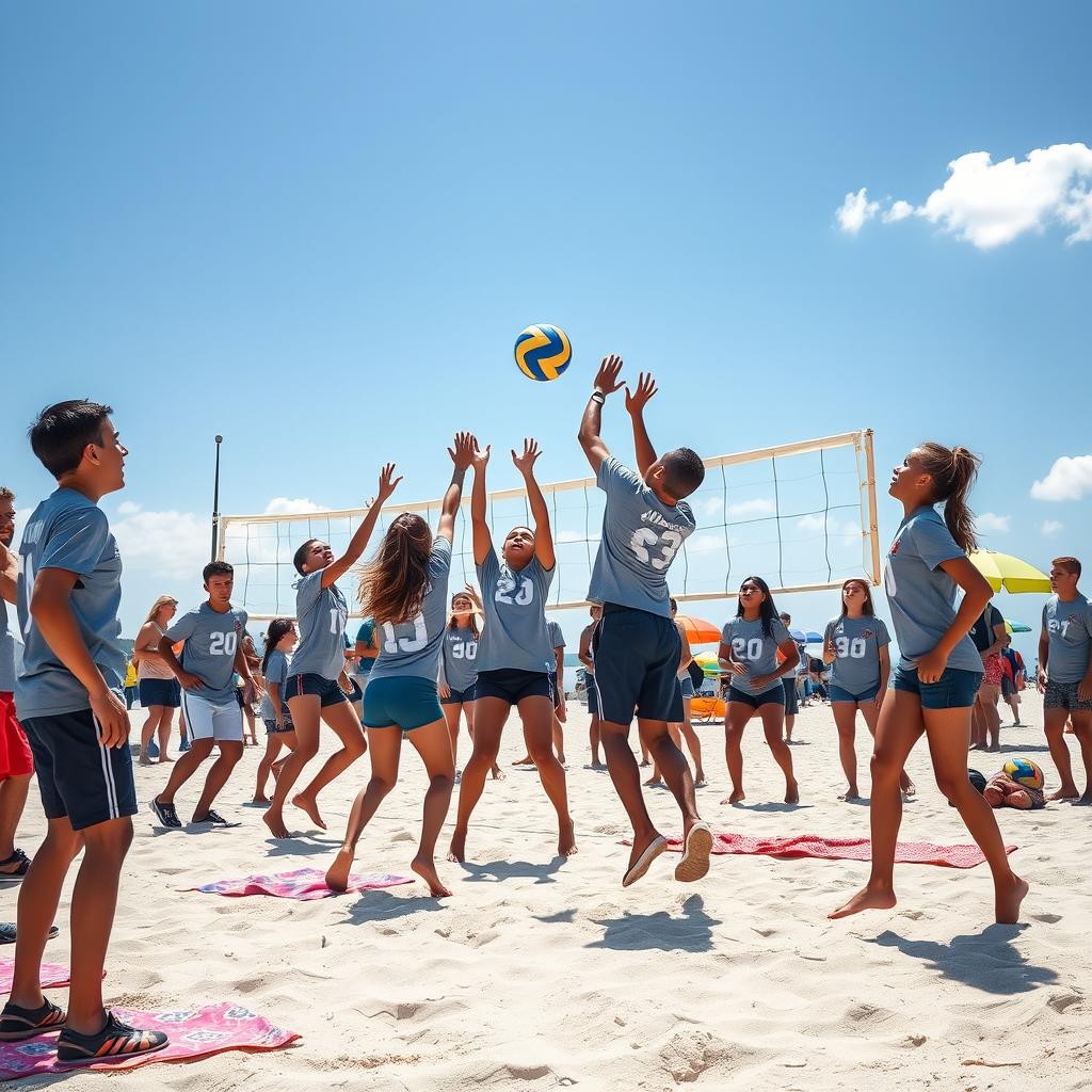 A lively school beach volleyball tournament set on a sandy beach, filled with enthusiasm and competition