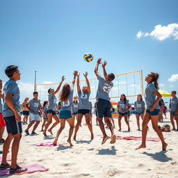 A lively school beach volleyball tournament set on a sandy beach, filled with enthusiasm and competition