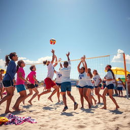 A lively school beach volleyball tournament set on a sandy beach, filled with enthusiasm and competition