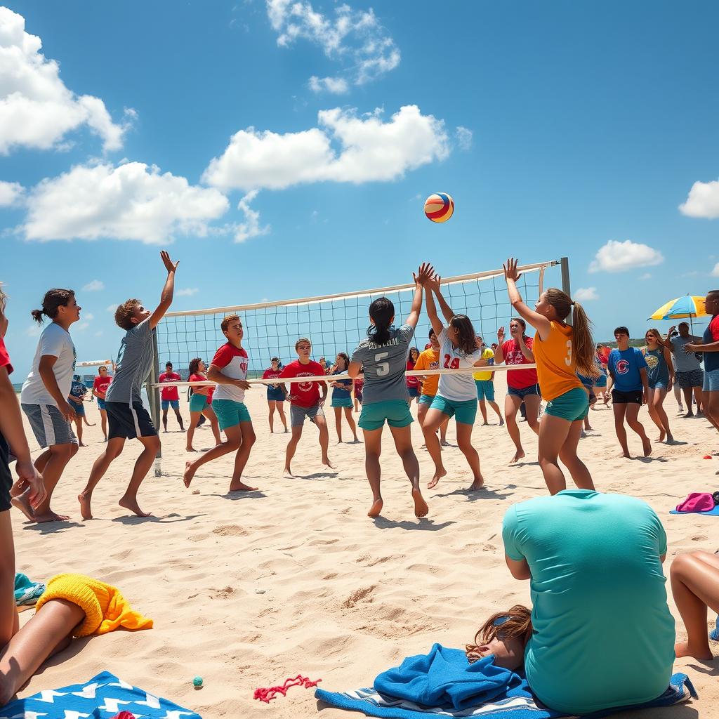 A lively school beach volleyball tournament set on a sandy beach, filled with enthusiasm and competition