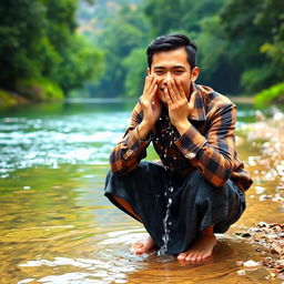 A handsome Asian man with fair skin, dressed in a brown plaid flannel shirt, wearing a black batik patterned sarong, is crouching at the edge of a river with crystal clear and pristine water