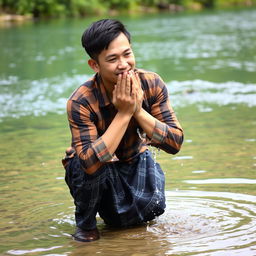 A handsome Asian man with fair skin, dressed in a brown plaid flannel shirt, wearing a black batik patterned sarong, is crouching at the edge of a river with crystal clear and pristine water