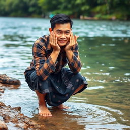 A handsome Asian man with fair skin, dressed in a brown plaid flannel shirt, wearing a black batik patterned sarong, is crouching at the edge of a river with crystal clear and pristine water