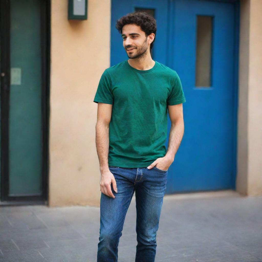 The young Arabic man is now seen in a casual attire - a bottle green t-shirt perfectly paired with classic blue jeans, giving him a relaxed, fashionable appearance.