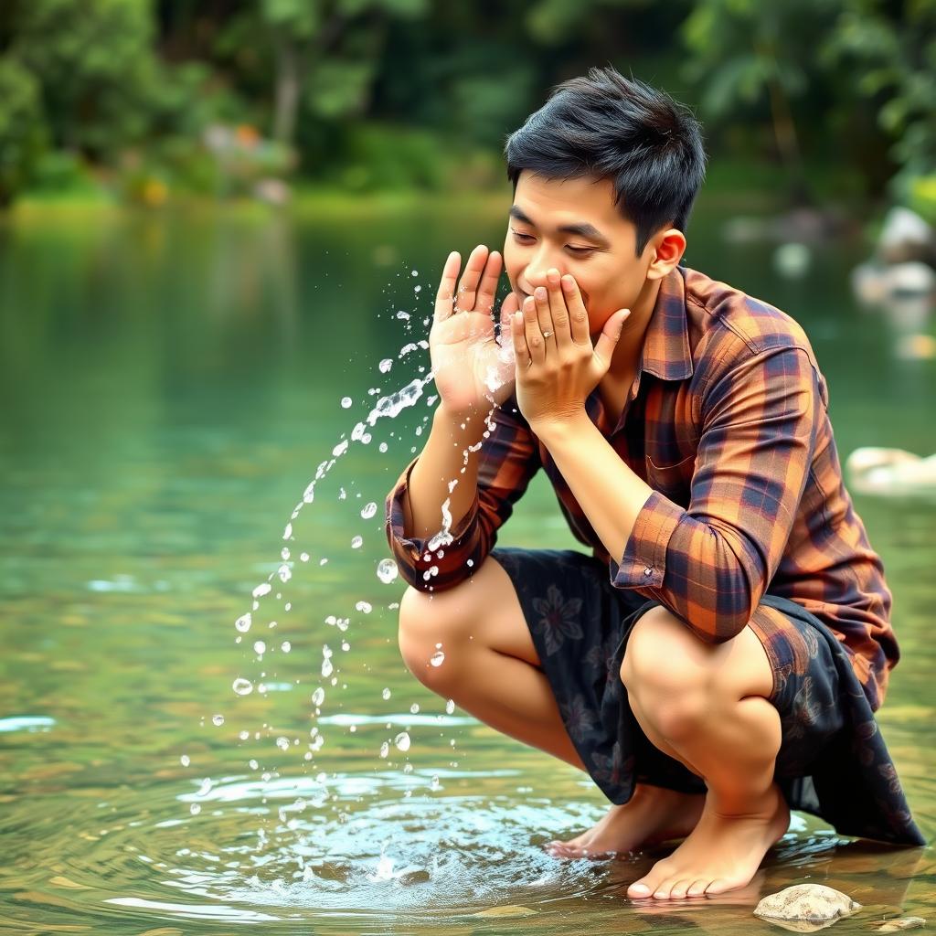 A handsome Asian man with fair skin, dressed in a brown plaid flannel shirt, wearing a black batik patterned sarong, is crouching at the edge of a river with crystal clear and pristine water