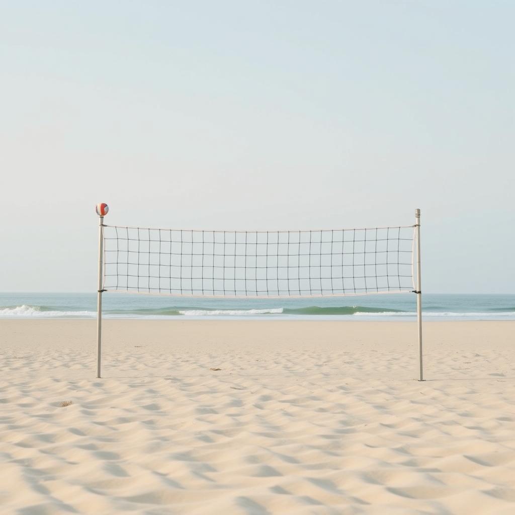 A minimalistic beach volleyball scene that captures the essence of a school beach volleyball game