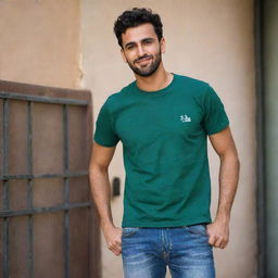 The young Arabic man is now seen in a casual attire - a bottle green t-shirt perfectly paired with classic blue jeans, giving him a relaxed, fashionable appearance.