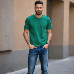 The young Arabic man is now seen in a casual attire - a bottle green t-shirt perfectly paired with classic blue jeans, giving him a relaxed, fashionable appearance.