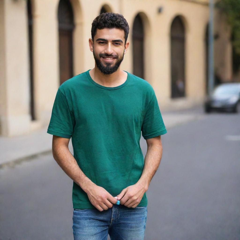 The young Arabic man is now seen in a casual attire - a bottle green t-shirt perfectly paired with classic blue jeans, giving him a relaxed, fashionable appearance.