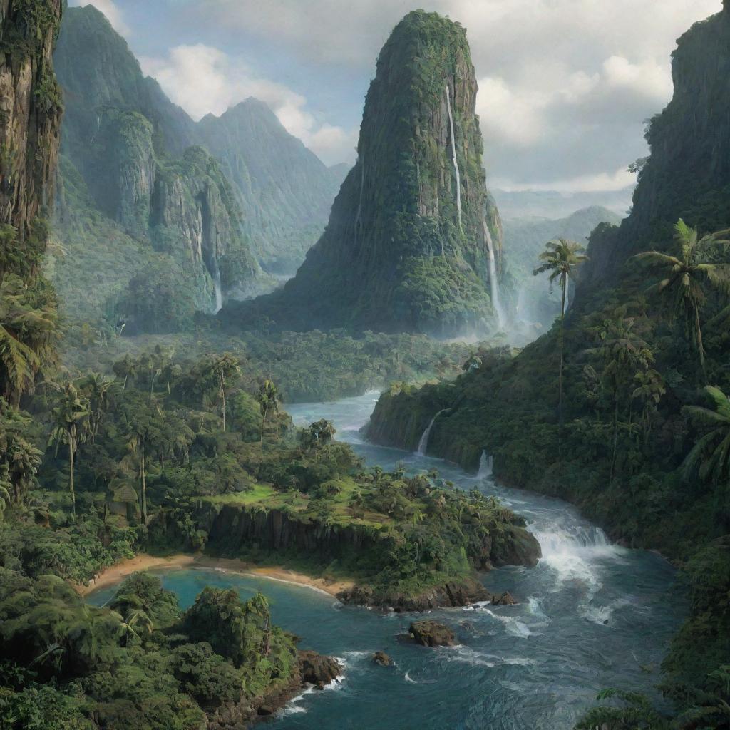 A detailed landscape view of Isla Nublar, the fictional island from Jurassic Park, filled with lush rainforests, towering waterfalls, and prehistoric creatures inhabiting the distant terrain.