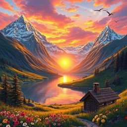 A highly detailed and vivid illustration of a majestic mountain landscape at sunrise, with vibrant colors illuminating the sky in shades of orange, pink, and purple