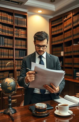 A detailed compilation of industrial and labor laws in a modern setting, featuring a professional-looking lawyer analyzing a stack of legal documents, surrounded by imposing bookshelves filled with law books