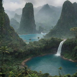 A detailed landscape view of Isla Nublar, the fictional island from Jurassic Park, filled with lush rainforests, towering waterfalls, and prehistoric creatures inhabiting the distant terrain.