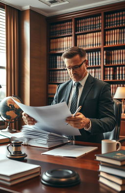 A detailed compilation of industrial and labor laws in a modern setting, featuring a professional-looking lawyer analyzing a stack of legal documents, surrounded by imposing bookshelves filled with law books