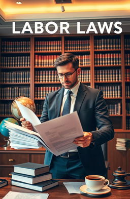 A detailed compilation of industrial and labor laws in a modern setting, featuring a professional-looking lawyer analyzing a stack of legal documents, surrounded by imposing bookshelves filled with law books