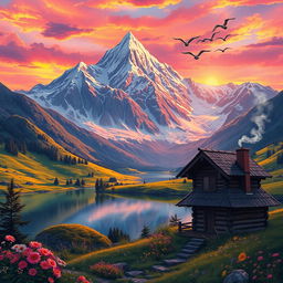 A highly detailed and vivid illustration of a majestic mountain landscape at sunrise, with vibrant colors illuminating the sky in shades of orange, pink, and purple