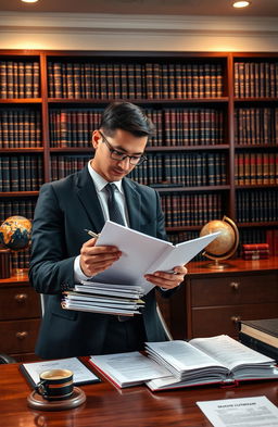 A detailed compilation of industrial and labor laws in a modern setting, featuring a professional-looking lawyer analyzing a stack of legal documents, surrounded by imposing bookshelves filled with law books