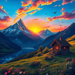 A highly detailed and vivid illustration of a majestic mountain landscape at sunrise, with vibrant colors illuminating the sky in shades of orange, pink, and purple