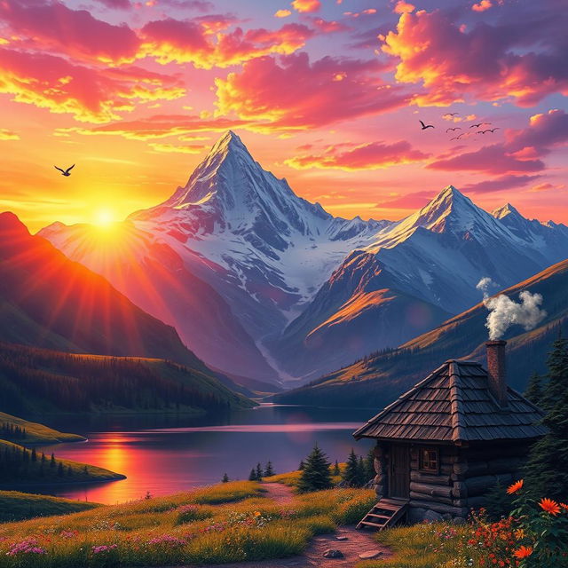 A highly detailed and vivid illustration of a majestic mountain landscape at sunrise, with vibrant colors illuminating the sky in shades of orange, pink, and purple