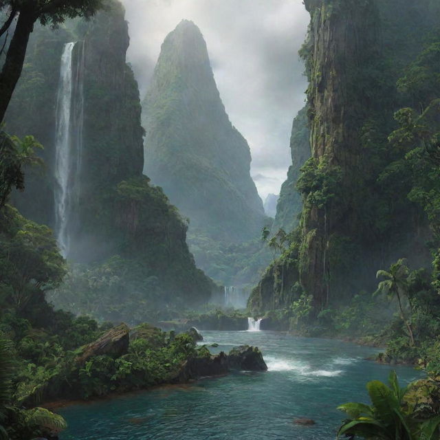 A detailed landscape view of Isla Nublar, the fictional island from Jurassic Park, filled with lush rainforests, towering waterfalls, and prehistoric creatures inhabiting the distant terrain.