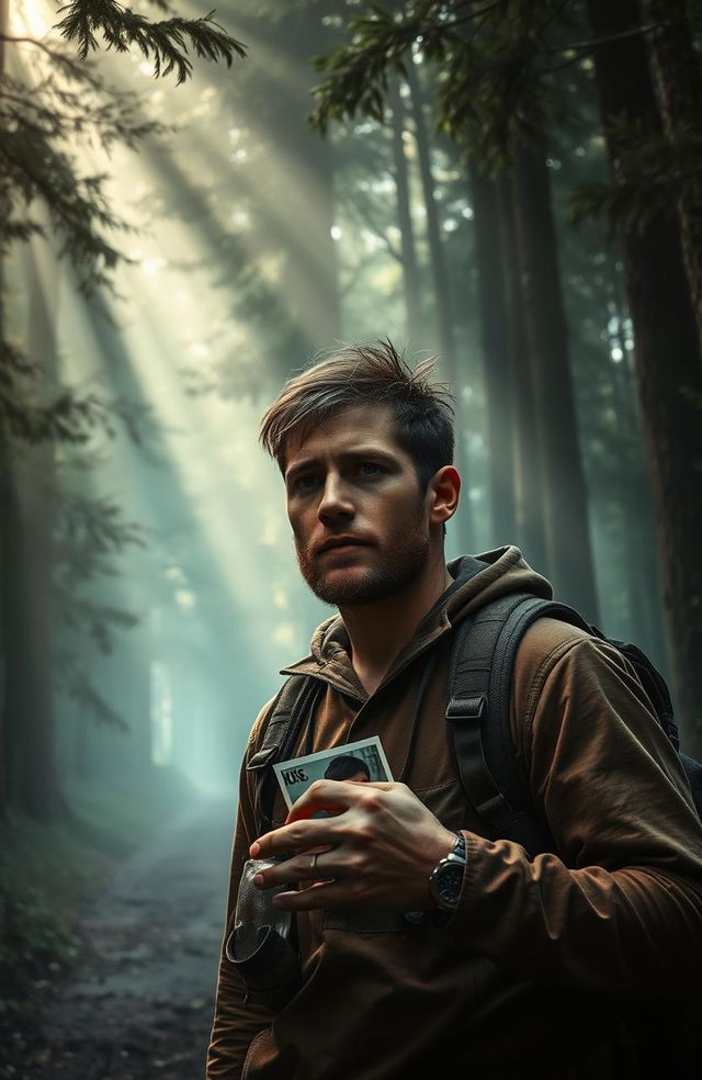 A dramatic scene depicting a lost brother searching through a dense, misty forest