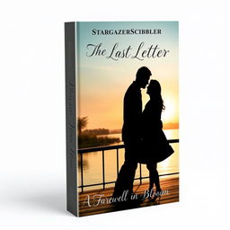 A book cover featuring a silhouette of a couple, a man and woman, standing on a bridge by a riverbank, with a setting sun casting a warm glow in the background