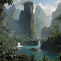 A detailed landscape view of Isla Nublar, the fictional island from Jurassic Park, filled with lush rainforests, towering waterfalls, and prehistoric creatures inhabiting the distant terrain.