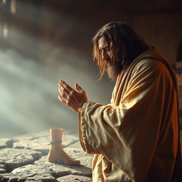 An emotionally powerful and dramatic scene depicting a scruffy, unkempt homeless man lovingly kissing the feet of Jesus