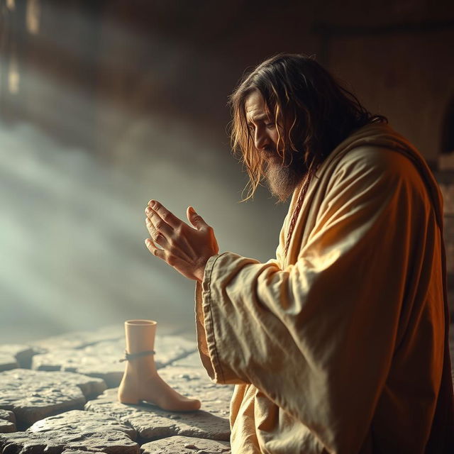 An emotionally powerful and dramatic scene depicting a scruffy, unkempt homeless man lovingly kissing the feet of Jesus