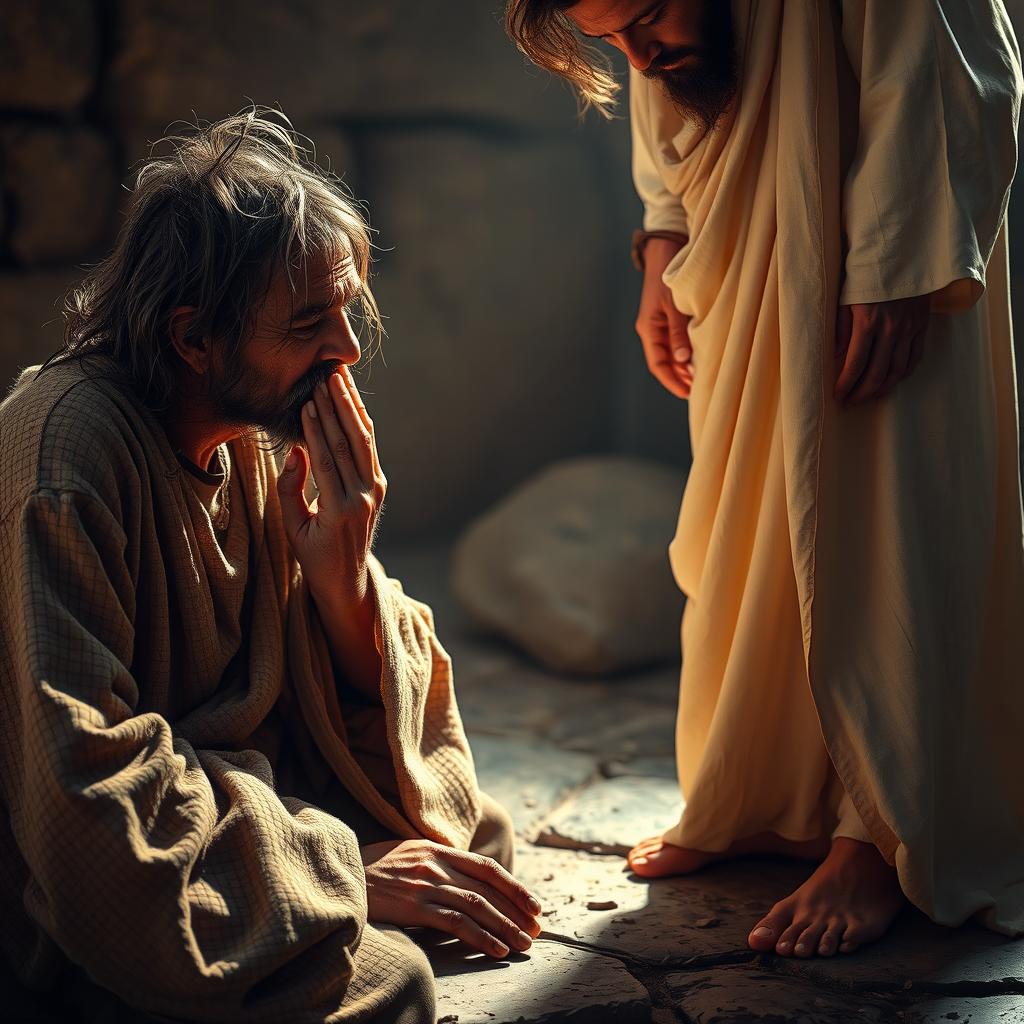 An emotionally powerful and dramatic scene depicting a scruffy, unkempt homeless man lovingly kissing the feet of Jesus