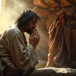 An emotionally powerful and dramatic scene depicting a scruffy, unkempt homeless man lovingly kissing the feet of Jesus