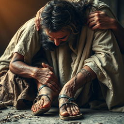 A poignant and powerful scene depicting a scruffy, unkempt homeless man kneeling in a humble posture, kissing the feet of Jesus