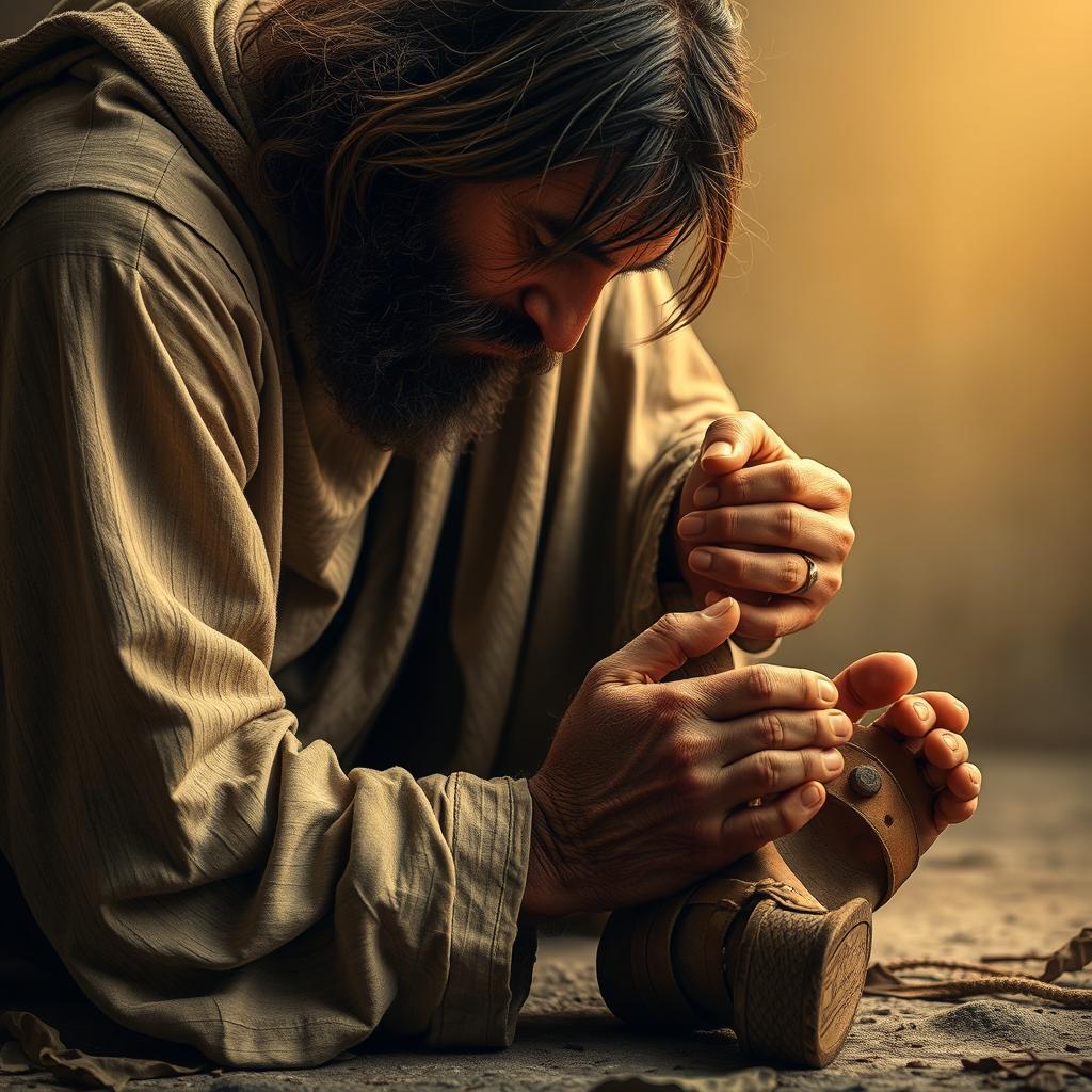 A poignant and powerful scene depicting a scruffy, unkempt homeless man kneeling in a humble posture, kissing the feet of Jesus