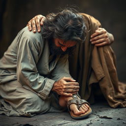 A poignant and powerful scene depicting a scruffy, unkempt homeless man kneeling in a humble posture, kissing the feet of Jesus