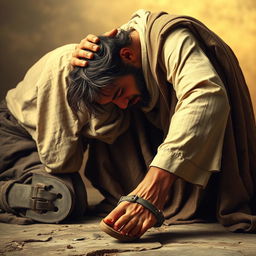 A poignant and powerful scene depicting a scruffy, unkempt homeless man kneeling in a humble posture, kissing the feet of Jesus