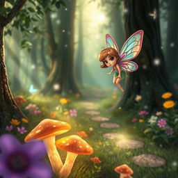 A whimsical scene featuring a fairy searching for her lost brother in an enchanted forest