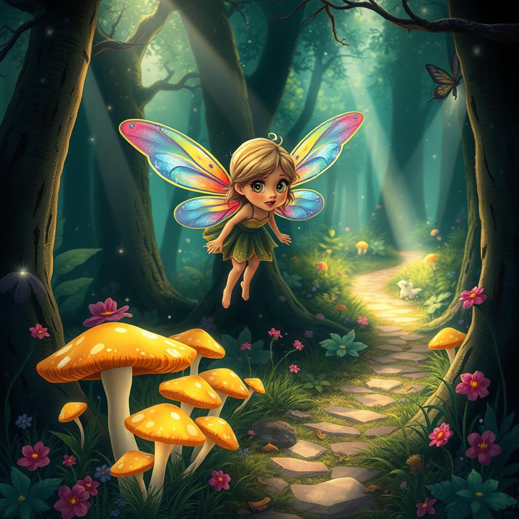 A whimsical scene featuring a fairy searching for her lost brother in an enchanted forest