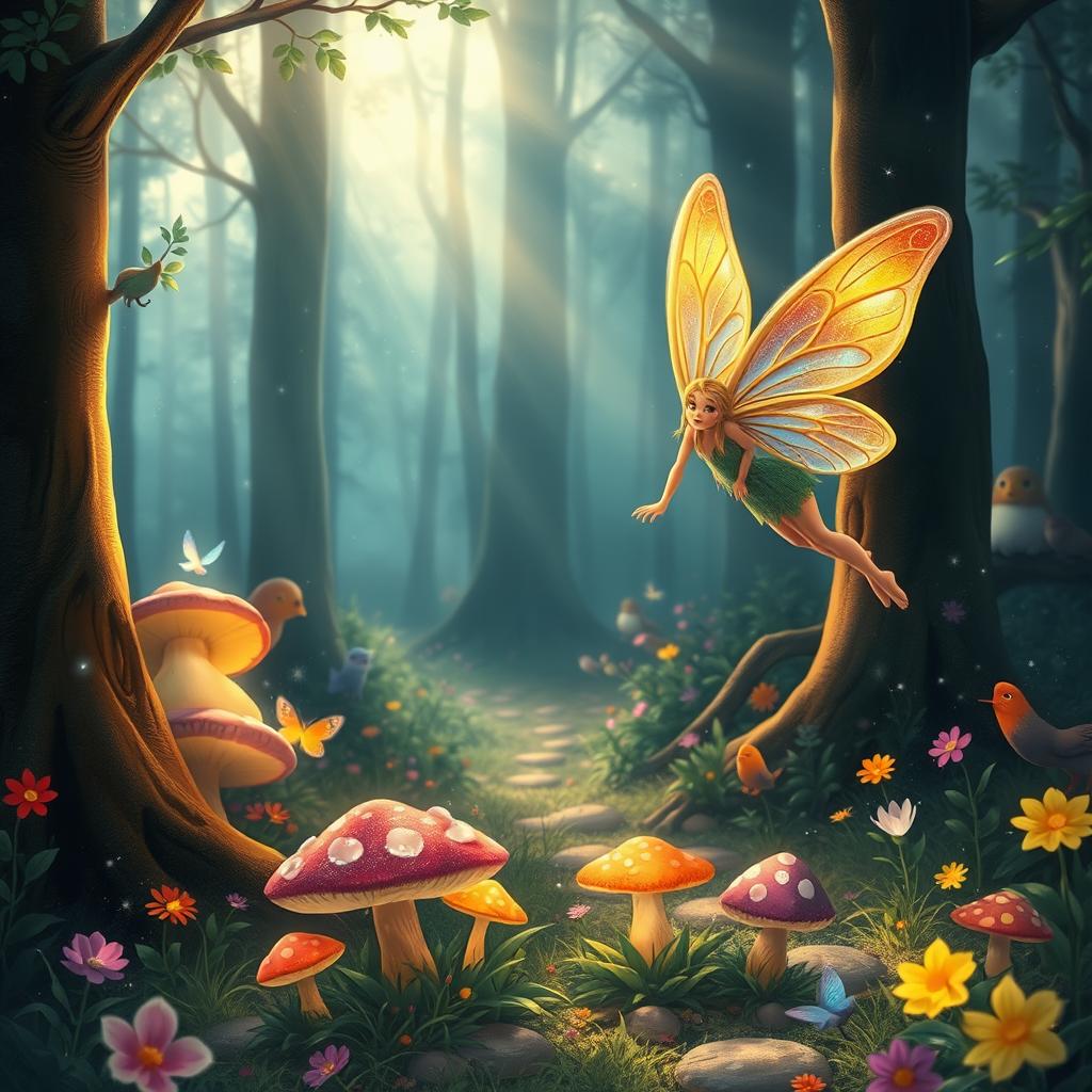 A whimsical scene featuring a fairy searching for her lost brother in an enchanted forest