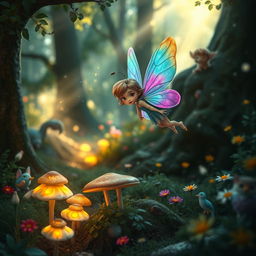 A whimsical scene featuring a fairy searching for her lost brother in an enchanted forest