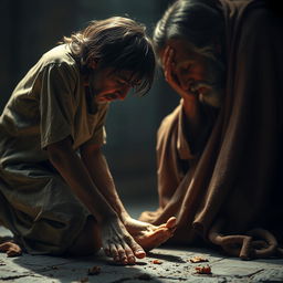 A heartfelt scene depicting a humble, filthy, ragged street beggar kneeling in reverence, kissing the feet of Jesus